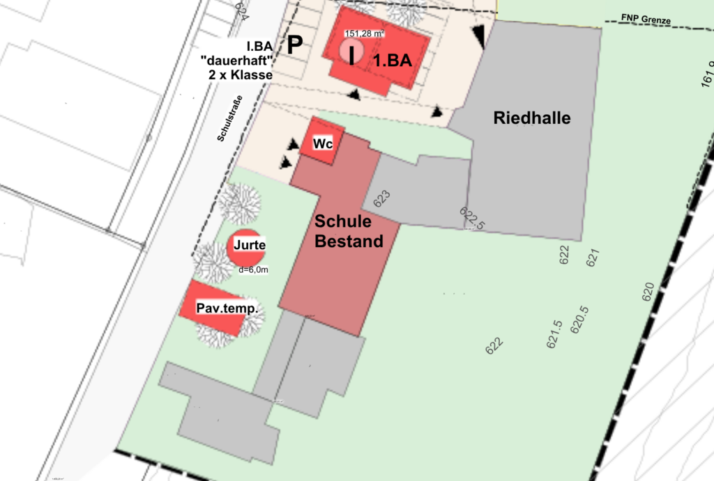 Lageplan der Freien Waldorfschule Linzgau: Neben dem bestehenden Schulgebäude (Mitte) sind der temporäre Unterrichtscontainer (links unten, „Pav. temp."), die Jurte als Außenklassenzimmer sowie der geplante erste Bauabschnitt (oben, „1.BA") eingezeichnet.